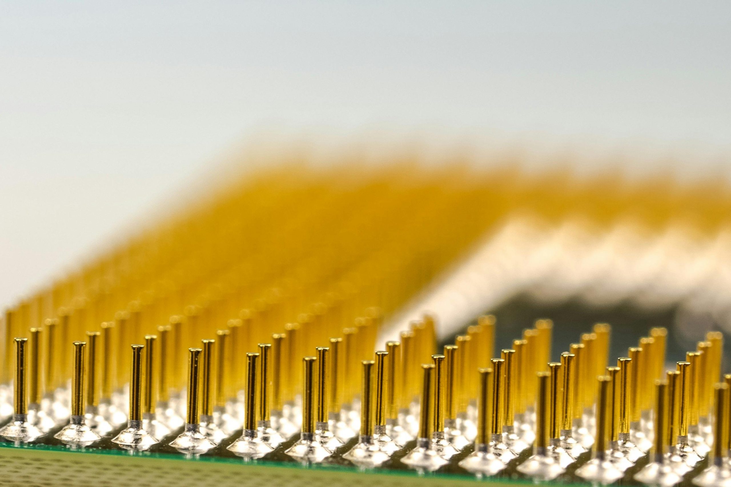 Detailed macro shot of a CPU microchip with focus on golden pins, highlighting technology details.